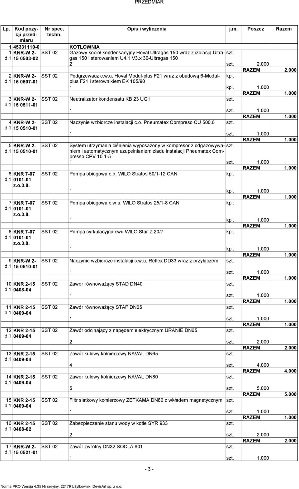 d.1 150511-01 4 KNR-W 2- Naczynie wzbiorcze instalacji c.o. Pneuatex Copreso CU 500.6 szt. d.1 150510-01 5 KNR-W 2- Syste utrzyania ciśnienia wyposażony w kopresor z odgazowywa-sztnie d.