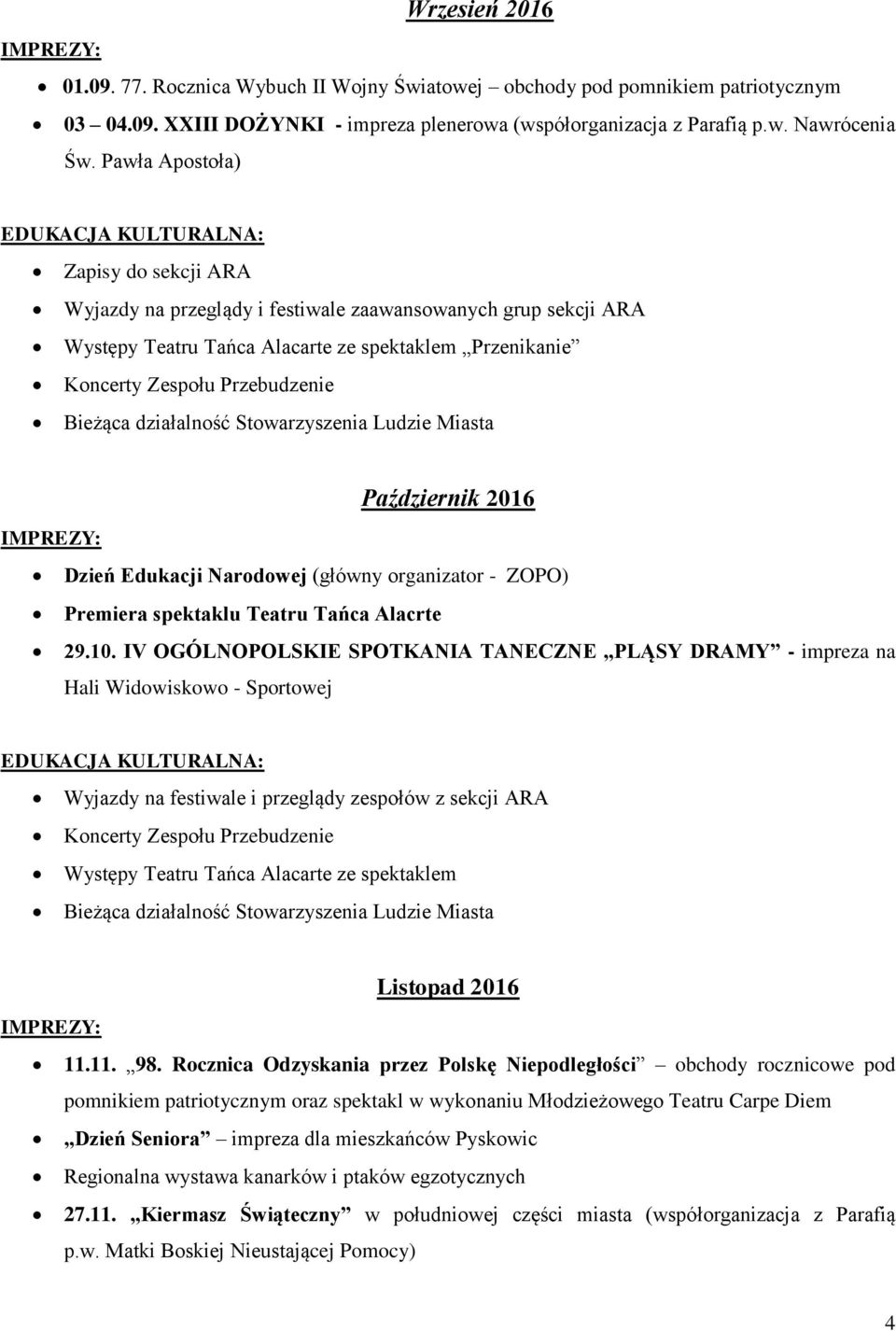 Tańca Alacrte 29.10. IV OGÓLNOPOLSKIE SPOTKANIA TANECZNE PLĄSY DRAMY - impreza na Hali Widowiskowo - Sportowej Listopad 2016 11.11. 98.