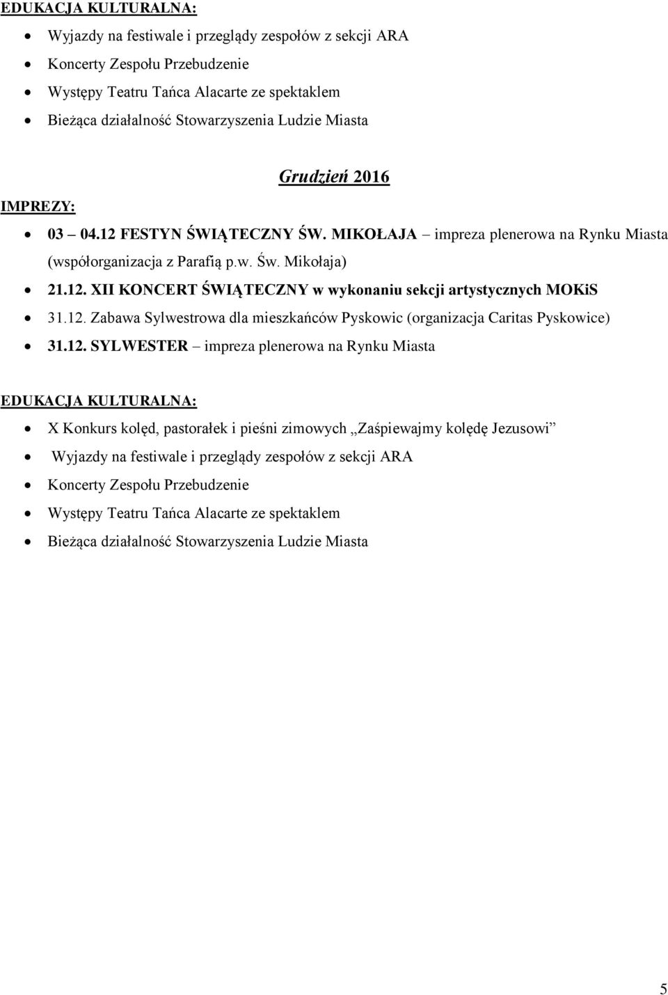 XII KONCERT ŚWIĄTECZNY w wykonaniu sekcji artystycznych MOKiS 31.12.