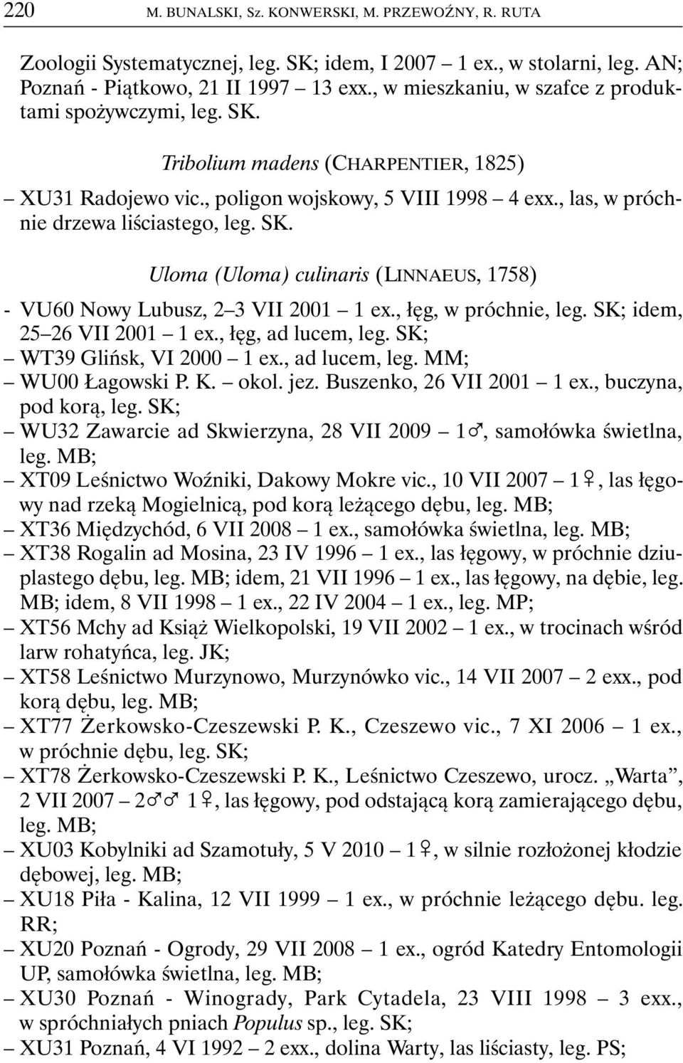 , łęg, w próchnie, leg. SK; idem, 25 26 VII 2001 1 ex., łęg, ad lucem, leg. SK; WT39 Glińsk, VI 2000 1 ex., ad lucem, leg. MM; WU00 Łagowski P. K. okol. jez. Buszenko, 26 VII 2001 1 ex.