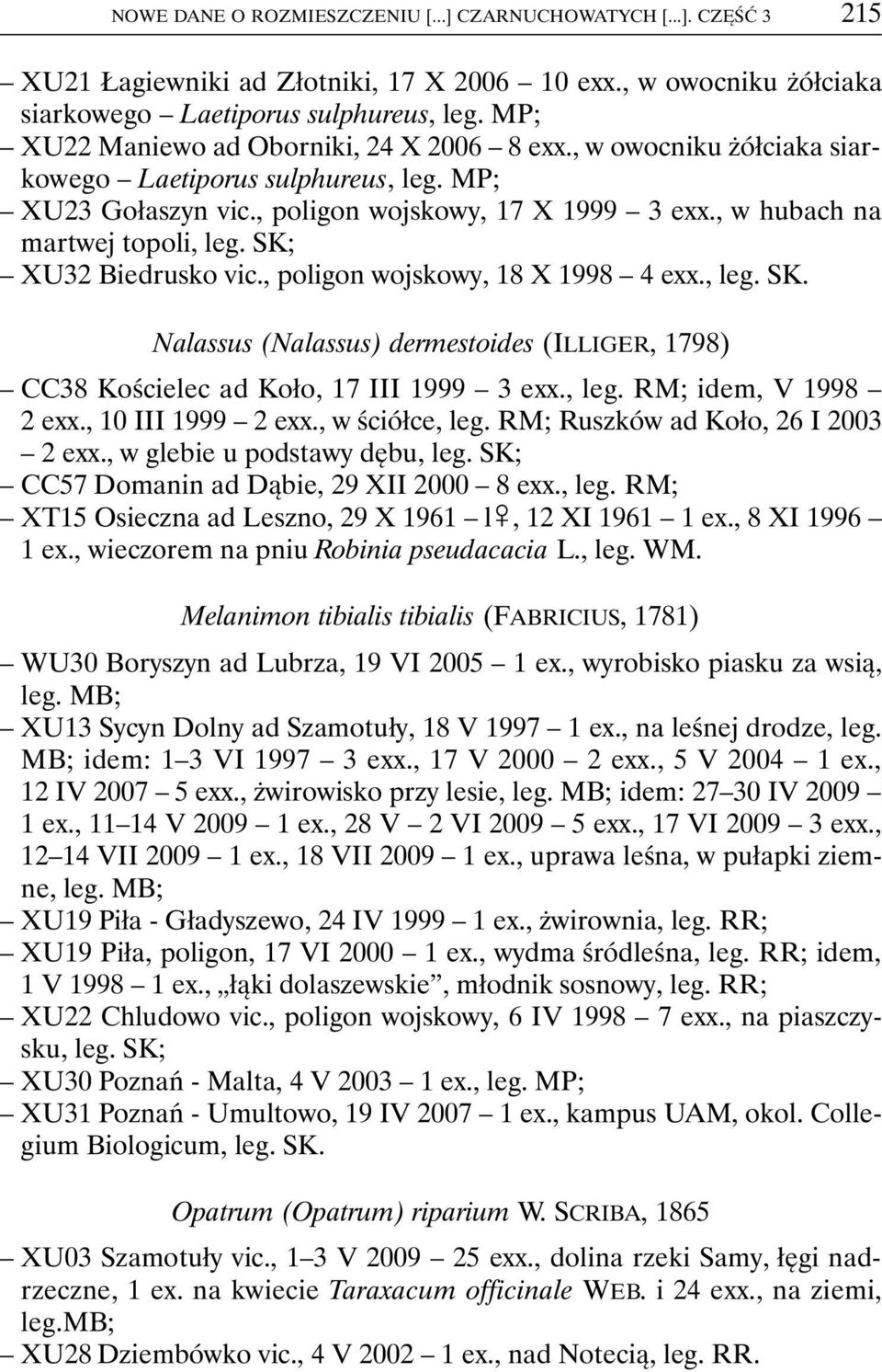 SK; XU32 Biedrusko vic., poligon wojskowy, 18 X 1998 4 exx., leg. SK. Nalassus (Nalassus) dermestoides (ILLIGER, 1798) CC38 Kościelec ad Koło, 17 III 1999 3 exx., leg. RM; idem, V 1998 2 exx.