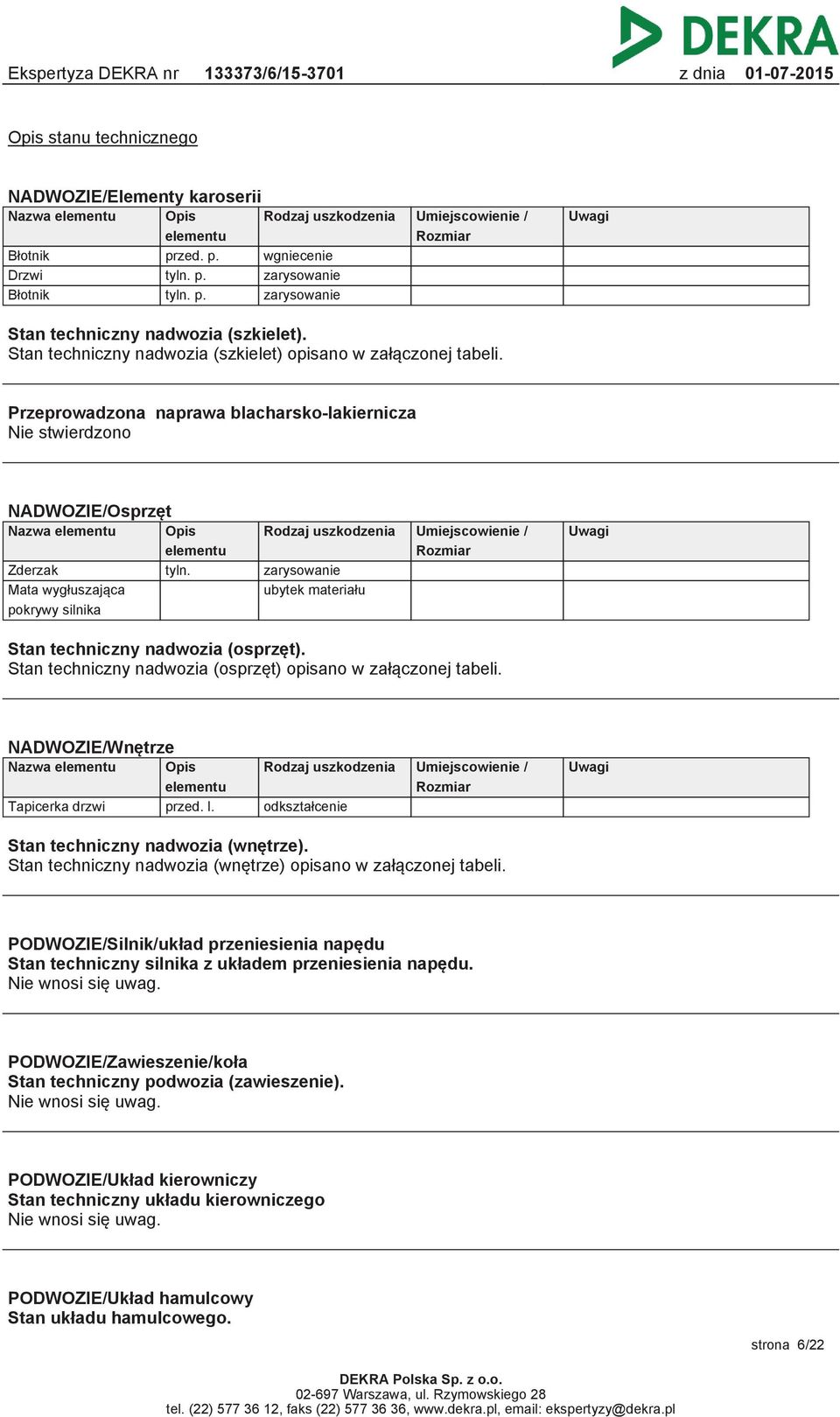 zarysowanie Mata wygłuszająca ubytek materiału pokrywy silnika Rodzaj uszkodzenia Umiejscowienie / Rozmiar Uwagi Stan techniczny nadwozia (osprzęt).