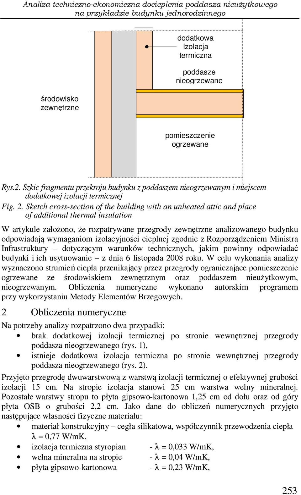 Sketch cross-section of the building with an unheated attic and place of additional thermal insulation W artykule założono, że rozpatrywane przegrody zewnętrzne analizowanego budynku odpowiadają