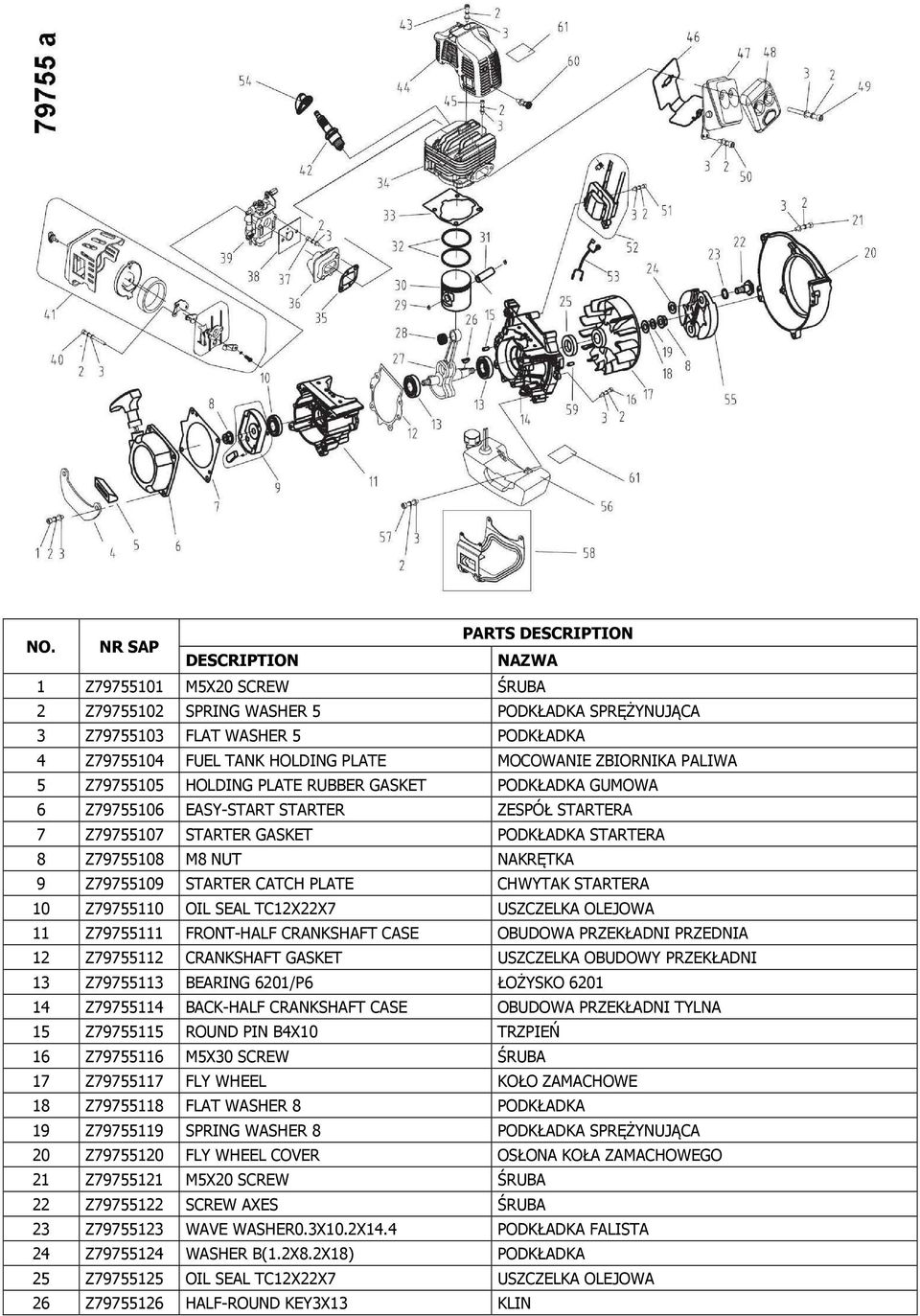 PALIWA 5 Z79755105 HOLDING PLATE RUBBER GASKET PODKŁADKA GUMOWA 6 Z79755106 EASY-START STARTER ZESPÓŁ STARTERA 7 Z79755107 STARTER GASKET PODKŁADKA STARTERA 8 Z79755108 M8 NUT NAKRĘTKA 9 Z79755109