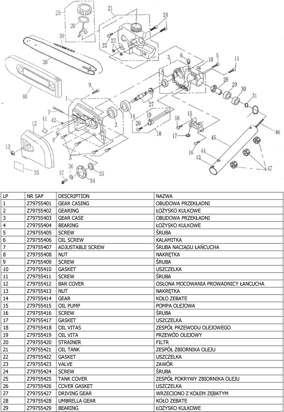 12 Z79755412 BAR COVER OSŁONA MOCOWANIA PROWADNICY ŁANCUCHA 13 Z79755413 NUT NAKRĘTKA 14 Z79755414 GEAR KOŁO ZEBATE 15 Z79755415 OIL PUMP POMPA OLEJOWA 16 Z79755416 SCREW ŚRUBA 17 Z79755417 GASKET