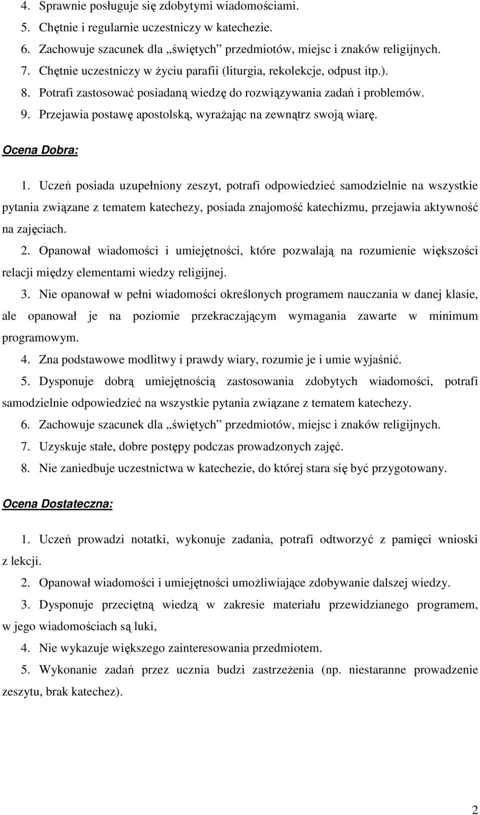 Przejawia postawę apostolską, wyrażając na zewnątrz swoją wiarę. Ocena Dobra: 1.