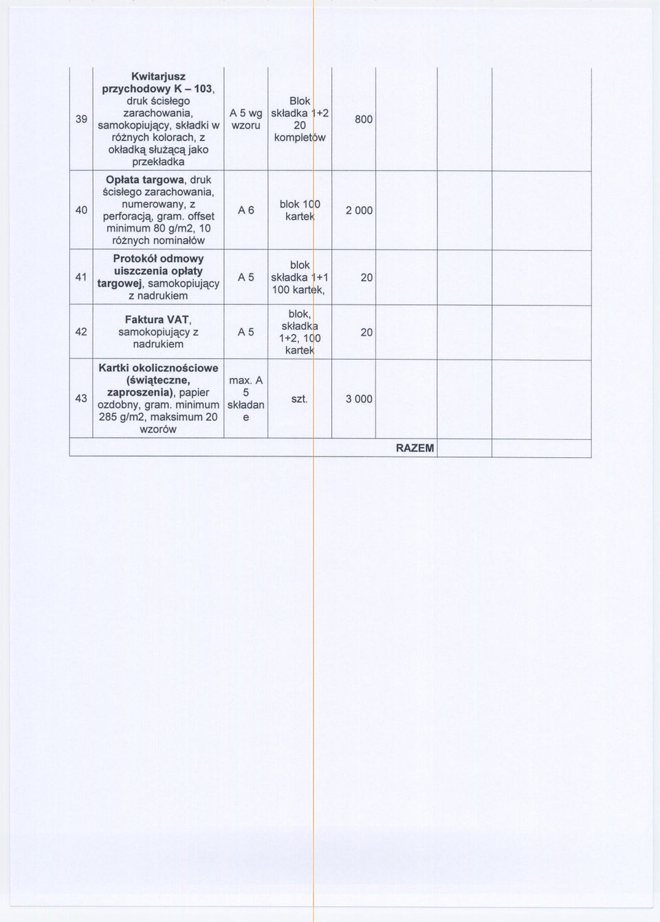 offset minimum80 g/m2, 10 róznych nominalów 800 2000 Protokól odmowy blok 41 uiszczenia oplaty AS skladka +1 20 targowej, samokopiujacy 100 kart z nadrukiem