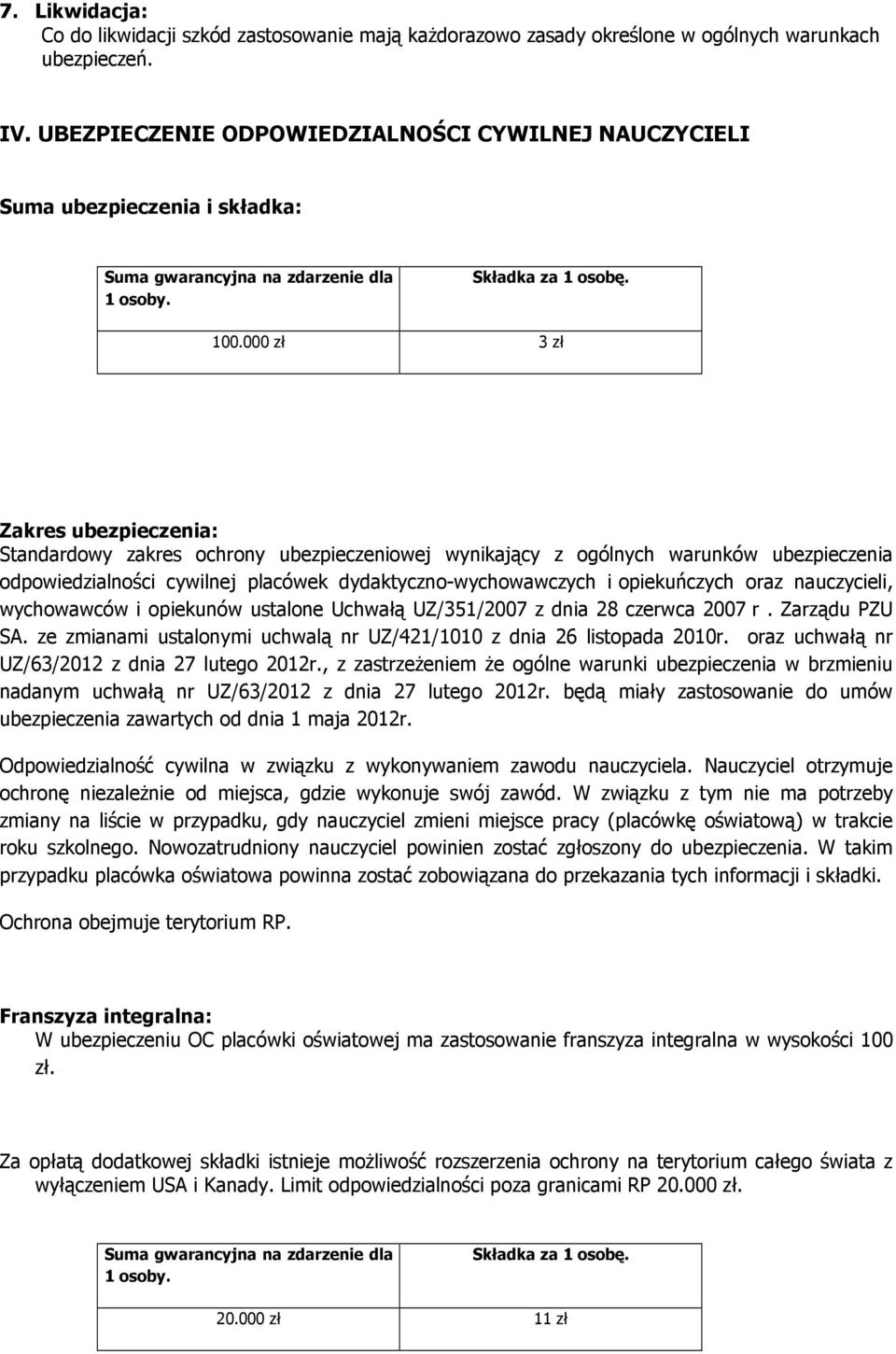 000 zł 3 zł Zakres ubezpieczenia: Standardowy zakres ochrony ubezpieczeniowej wynikający z ogólnych warunków ubezpieczenia odpowiedzialności cywilnej placówek dydaktyczno-wychowawczych i opiekuńczych