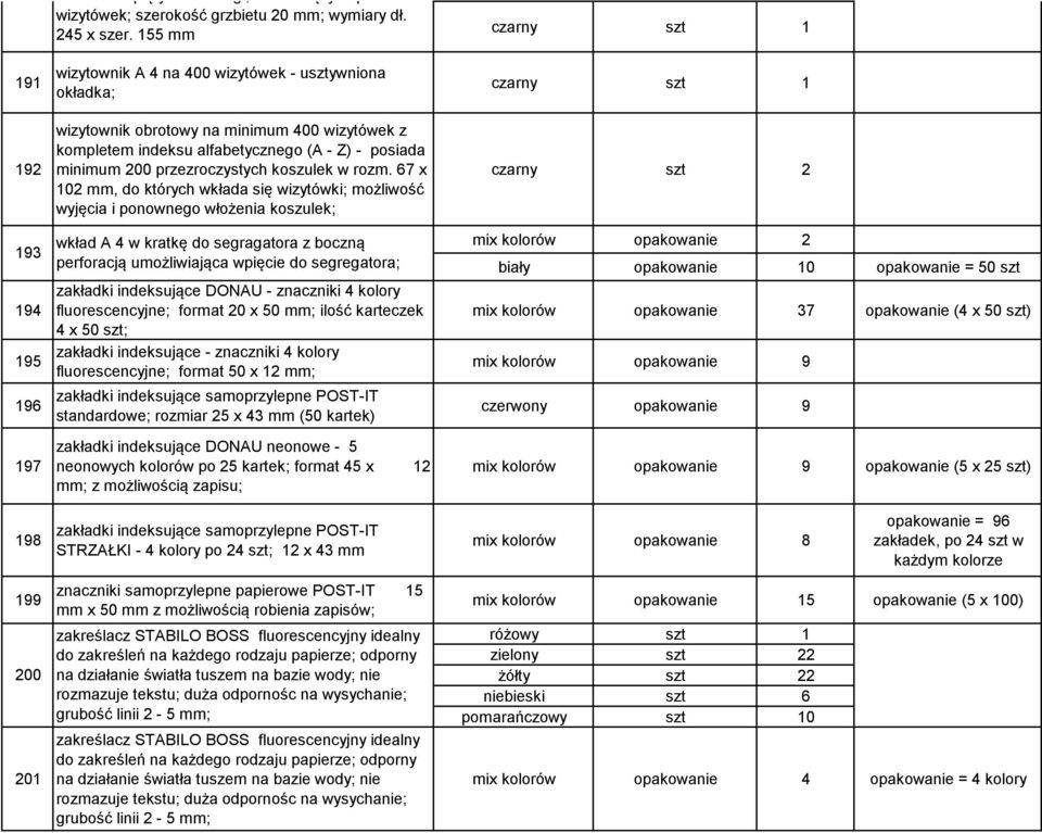 rozm. 67 x 102 mm, do których wkłada się wizytówki; możliwość wyjęcia i ponownego włożenia koszulek; wkład A 4 w kratkę do segragatora z boczną perforacją umożliwiająca wpięcie do segregatora;