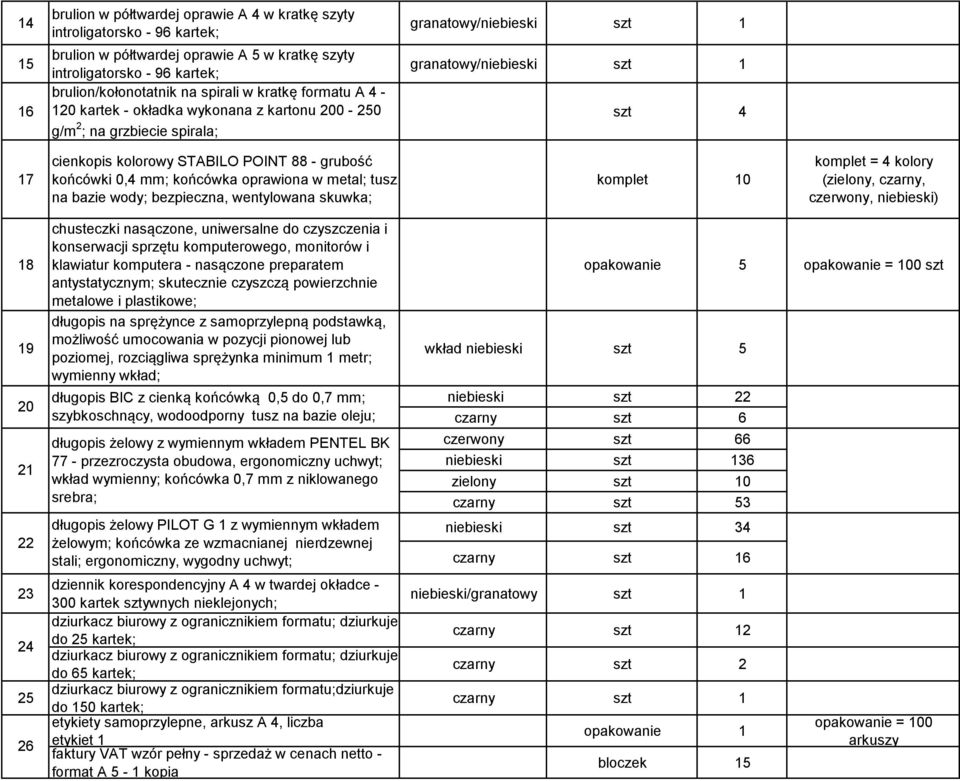 grubość końcówki 0,4 mm; końcówka oprawiona w metal; tusz na bazie wody; bezpieczna, wentylowana skuwka; komplet 10 komplet = 4 kolory (zielony, czarny, czerwony, niebieski) 18 19 20 21 22 23 24 25