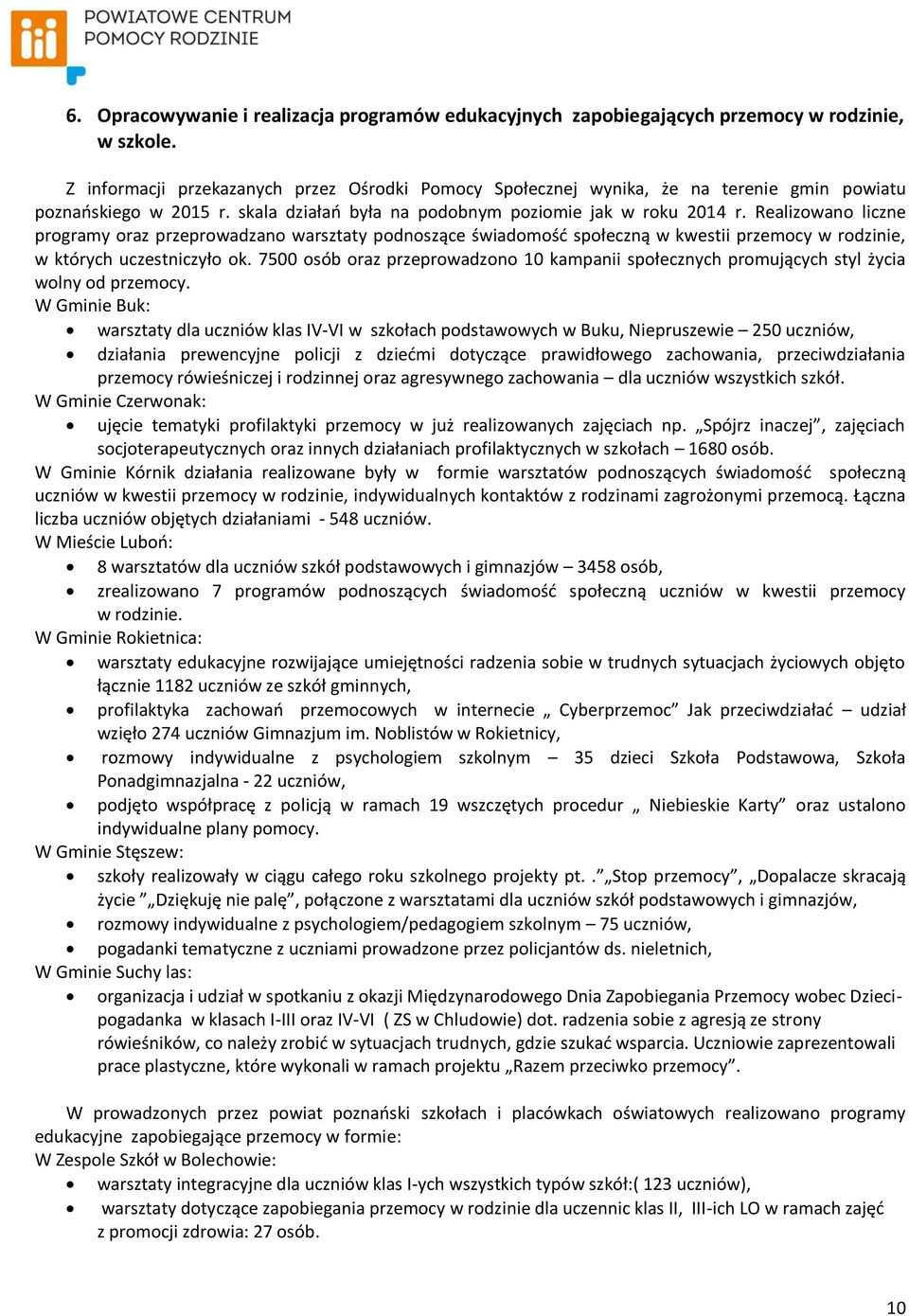 Realizowano liczne programy oraz przeprowadzano warsztaty podnoszące świadomość społeczną w kwestii przemocy w rodzinie, w których uczestniczyło ok.