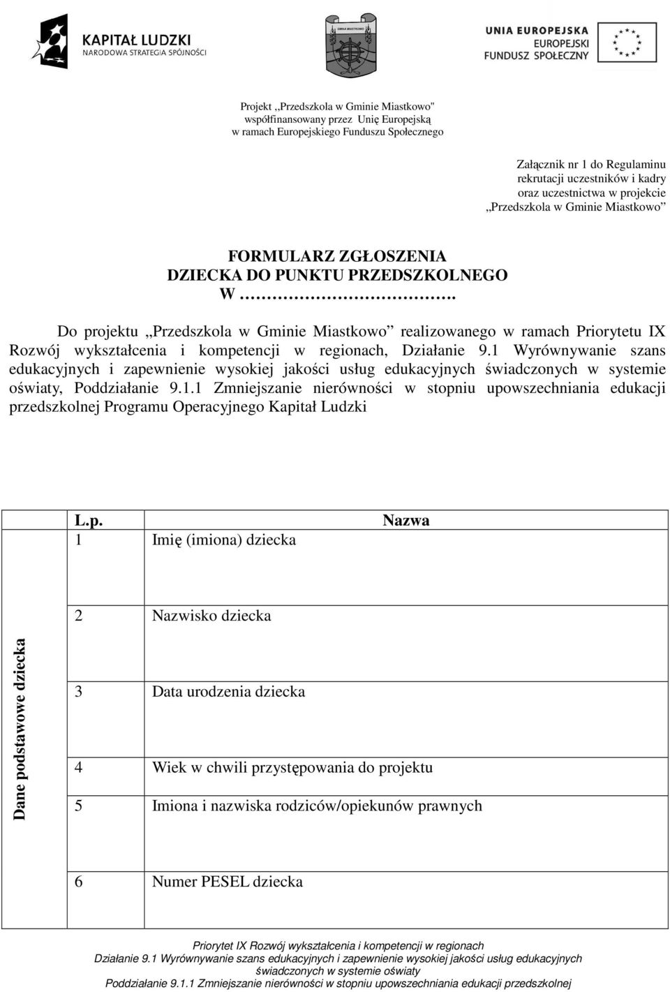 1 Wyrównywanie szans edukacyjnych i zapewnienie wysokiej jakości usług edukacyjnych świadczonych w systemie oświaty, Poddziałanie 9.1.1 Zmniejszanie nierówności w stopniu upowszechniania edukacji przedszkolnej Programu Operacyjnego Kapitał Ludzki L.