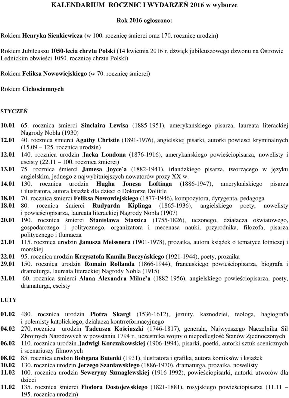 rocznicę chrztu Polski) Rokiem Feliksa Nowowiejskiego (w 70. rocznicę śmierci) Rokiem Cichociemnych STYCZEŃ 10.01 65.