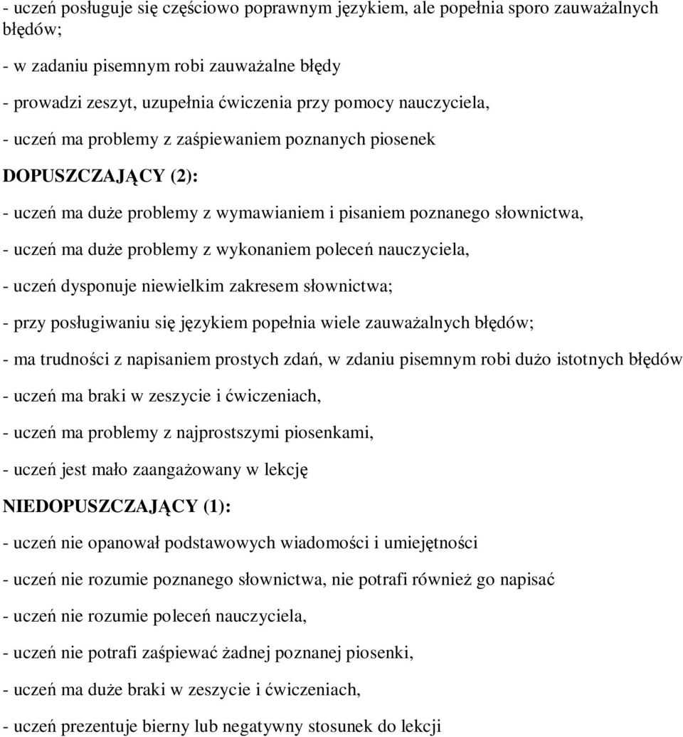 nauczyciela, - uczeń dysponuje niewielkim zakresem słownictwa; - przy posługiwaniu się językiem popełnia wiele zauważalnych błędów; - ma trudności z napisaniem prostych zdań, w zdaniu pisemnym robi