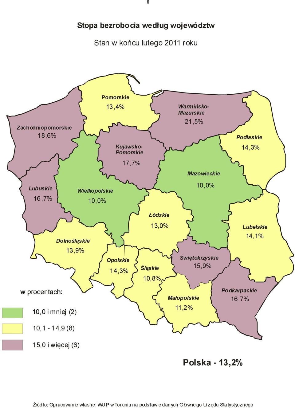 Opolskie 14,3% 13,0% Śląskie 10,8% Świętokrzyskie 15,9% Lubelskie 14,1% 10,0 i mniej (2) Podkarpackie Małopolskie 16,7% 11,2%
