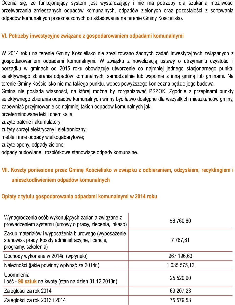 Potrzeby inwestycyjne związane z gospodarowaniem odpadami komunalnymi W 2014 roku na terenie Gminy Kościelisko nie zrealizowano żadnych zadań inwestycyjnych związanych z gospodarowaniem odpadami