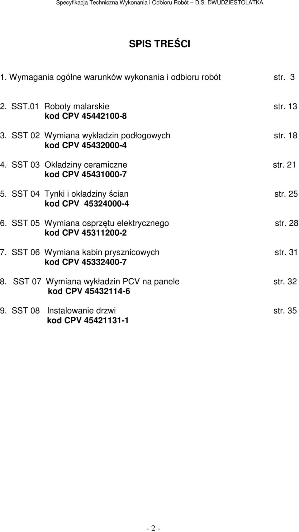 SST 04 Tynki i okładziny ścian str. 25 kod CPV 45324000-4 6. SST 05 Wymiana osprzętu elektrycznego str. 28 kod CPV 45311200-2 7.