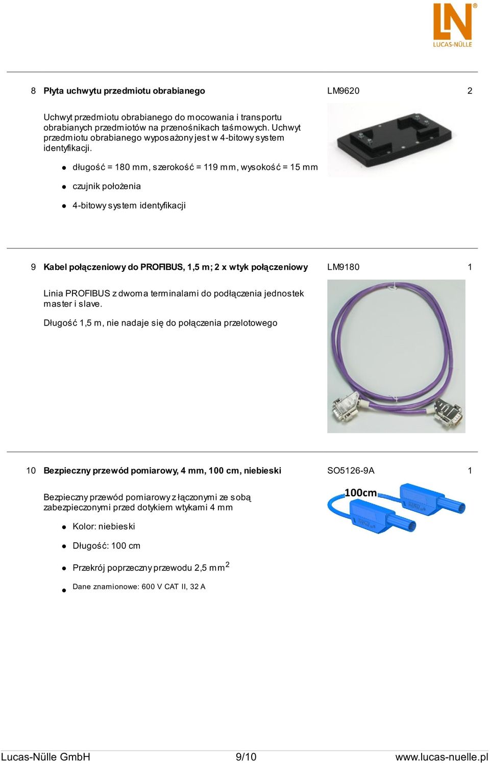 długość = 180 mm, szerokość = 119 mm, wysokość = 15 mm czujnik położenia 4-bitowy system identyfikacji 9 Kabel połączeniowy do PROFIBUS, 1,5 m; 2 x wtyk połączeniowy LM9180 1 Linia PROFIBUS z dwoma