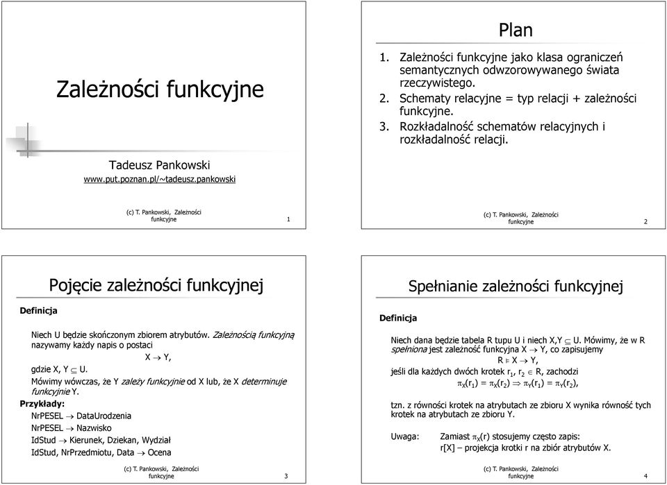 pankowski funkcyjne 1 funkcyjne 2 Definicja Pojęcie zależności funkcyjnej Niech U będzie skończonym zbiorem atrybutów. Zależnością funkcyjną nazywamy każdy napis o postaci X Y, gdzie X, Y U.