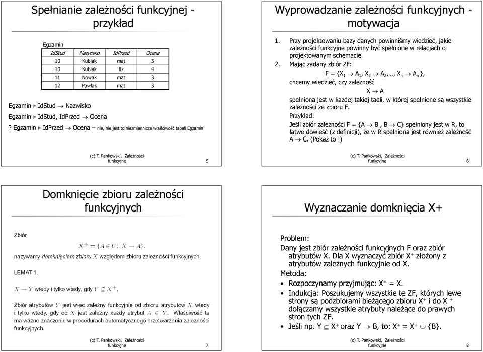 Przy projektowaniu bazy danych powinniśmy wiedzieć, jakie zależności funkcyjne powinny być spełnione w relacjach o projektowanym schemacie. 2.