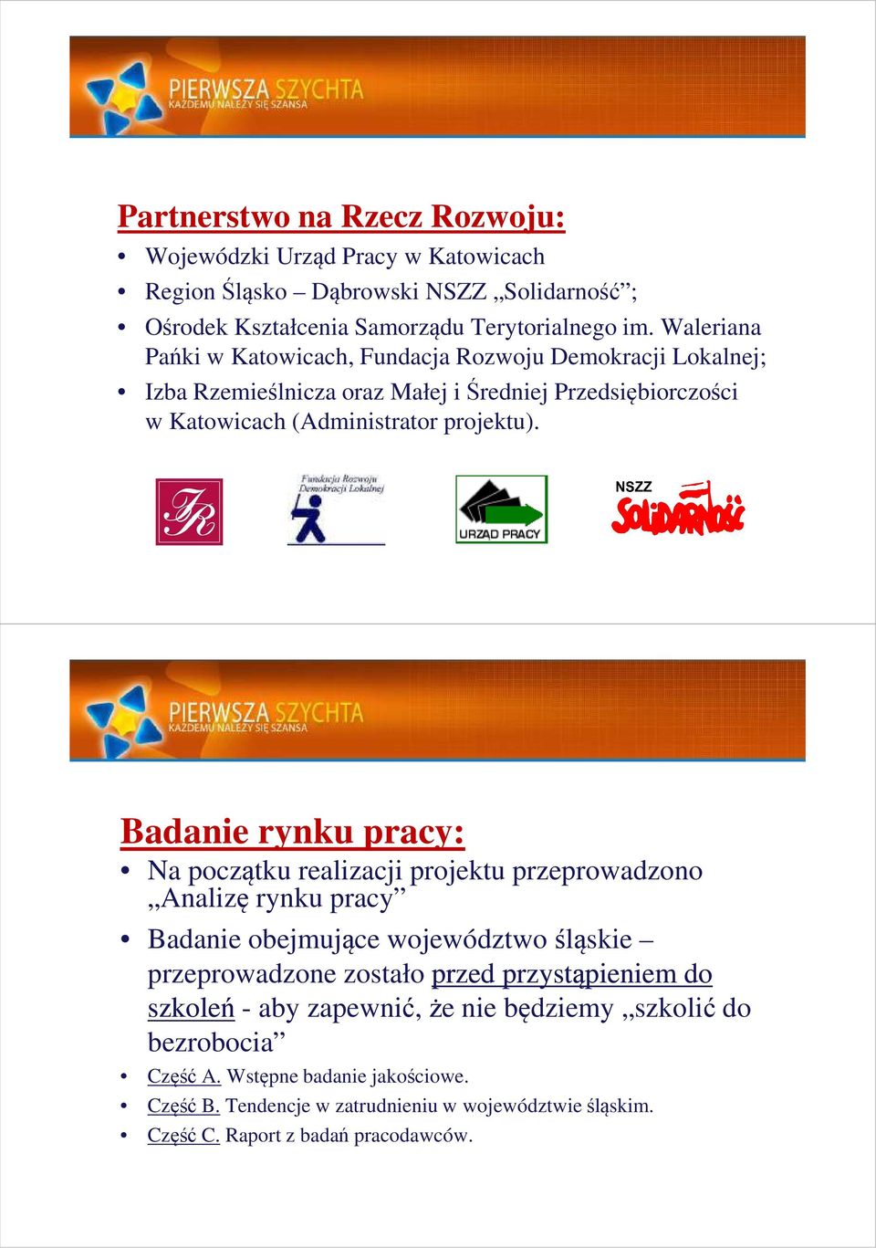 Badanie rynku pracy: Na początku realizacji projektu przeprowadzono Analizę rynku pracy Badanie obejmujące województwo śląskie przeprowadzone zostało przed przystąpieniem