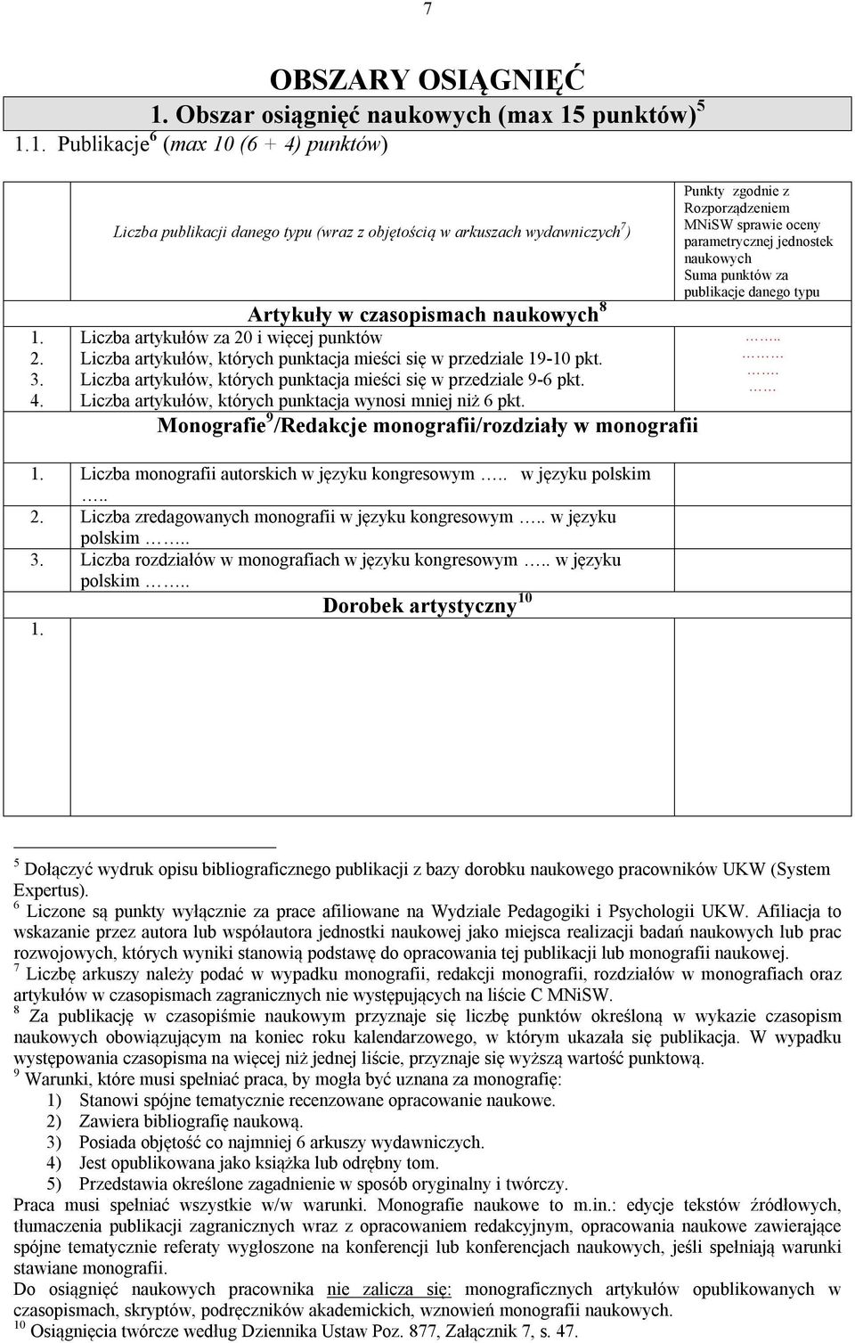 Liczba publikacji danego typu (wraz z objętością w arkuszach wydawniczych 7 ) Artykuły w czasopismach naukowych 8 Liczba artykułów za 20 i więcej punktów Liczba artykułów, których punktacja mieści