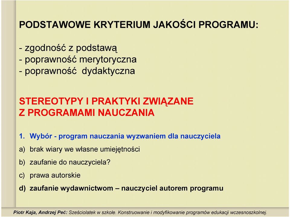 Wybór - program nauczania wyzwaniem dla nauczyciela a) brak wiary we własne umiejętności