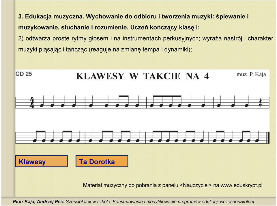 Uczeń kończący klasę I: 2) odtwarza proste rytmy głosem i na instrumentach perkusyjnych; wyraŝa