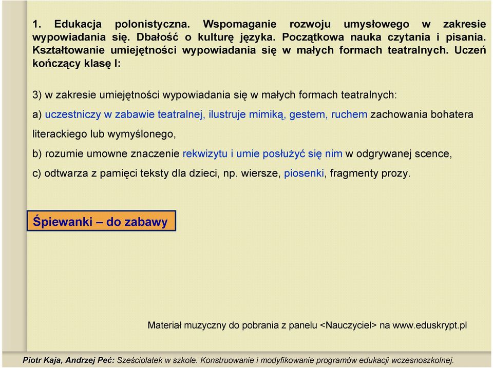 Uczeń kończący klasę I: 3) w zakresie umiejętności wypowiadania się w małych formach teatralnych: a) uczestniczy w zabawie teatralnej, ilustruje mimiką, gestem, ruchem