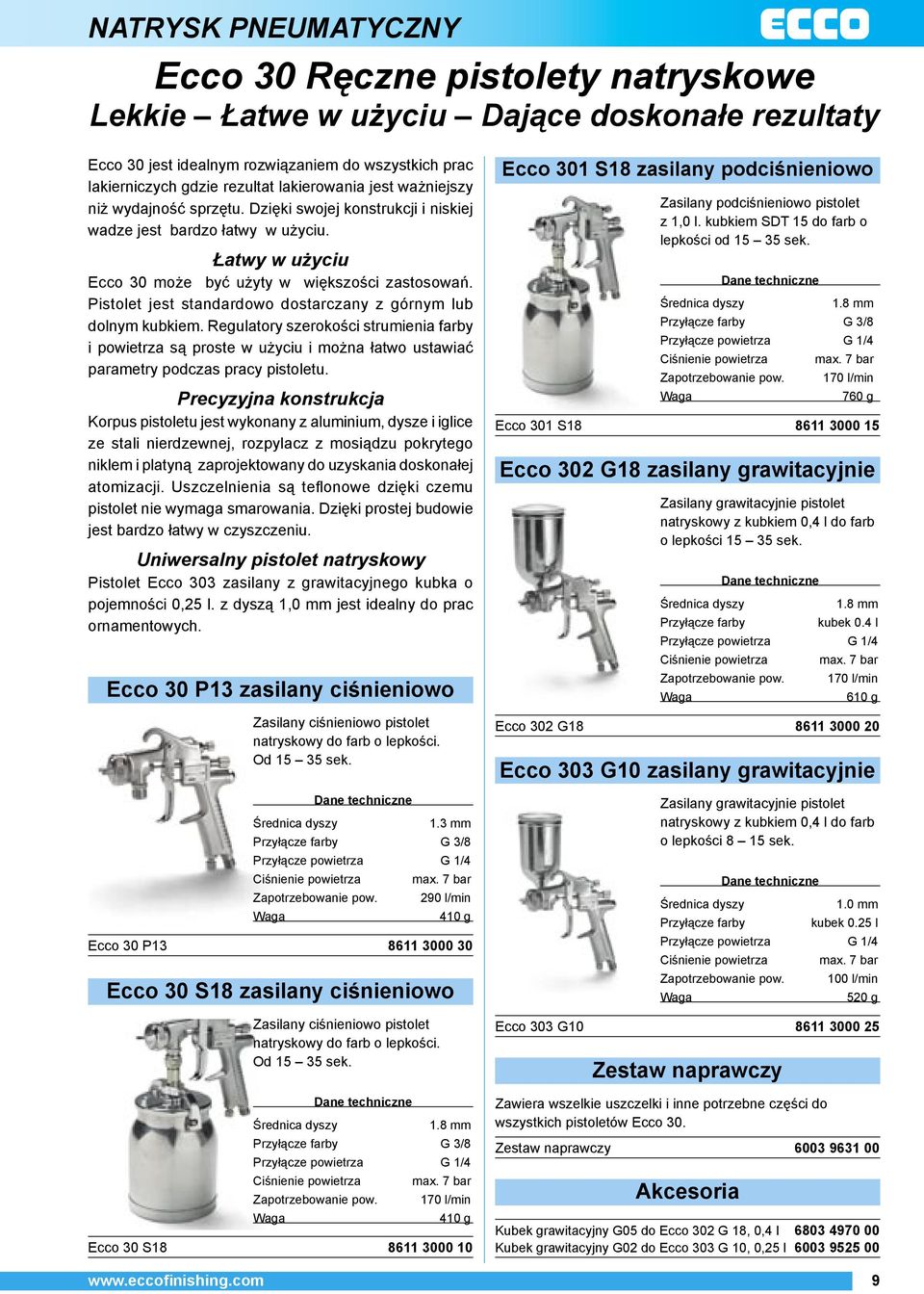 Pistolet jest standardowo dostarczany z górnym lub dolnym kubkiem. Regulatory szerokości strumienia farby i powietrza są proste w użyciu i można łatwo ustawiać parametry podczas pracy pistoletu.