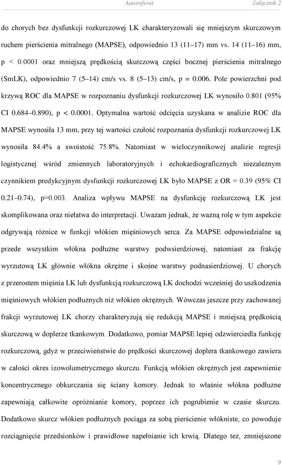 Pole powierzchni pod krzywą ROC dla MAPSE w rozpoznaniu dysfunkcji rozkurczowej LK wynosiło 0.801 (95% CI 0.684 0.890), p < 0.0001.