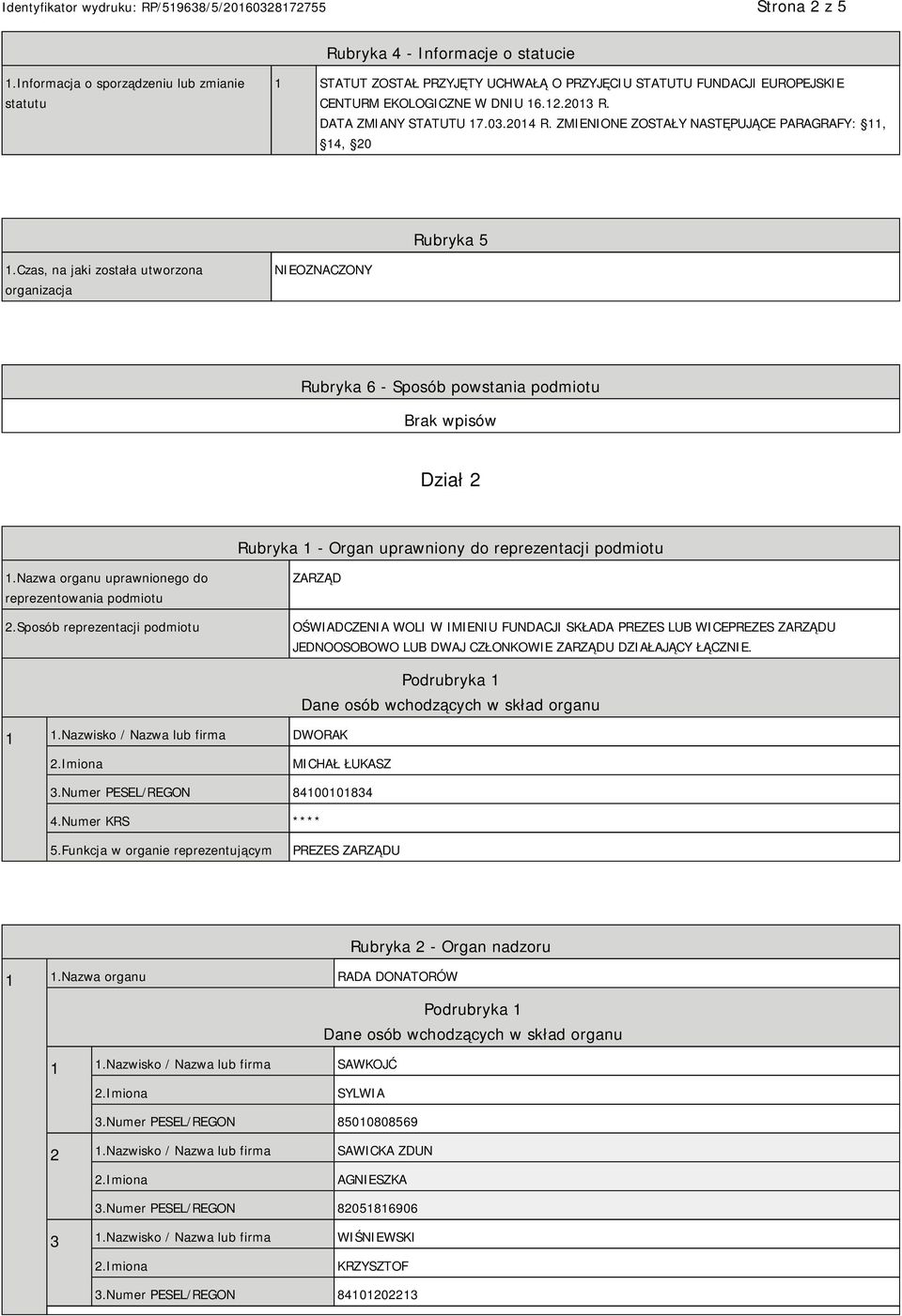 Czas, na jaki została utworzona organizacja NIEOZNACZONY Rubryka 6 - Sposób powstania podmiotu Dział 2 Rubryka 1 - Organ uprawniony do reprezentacji podmiotu 1.