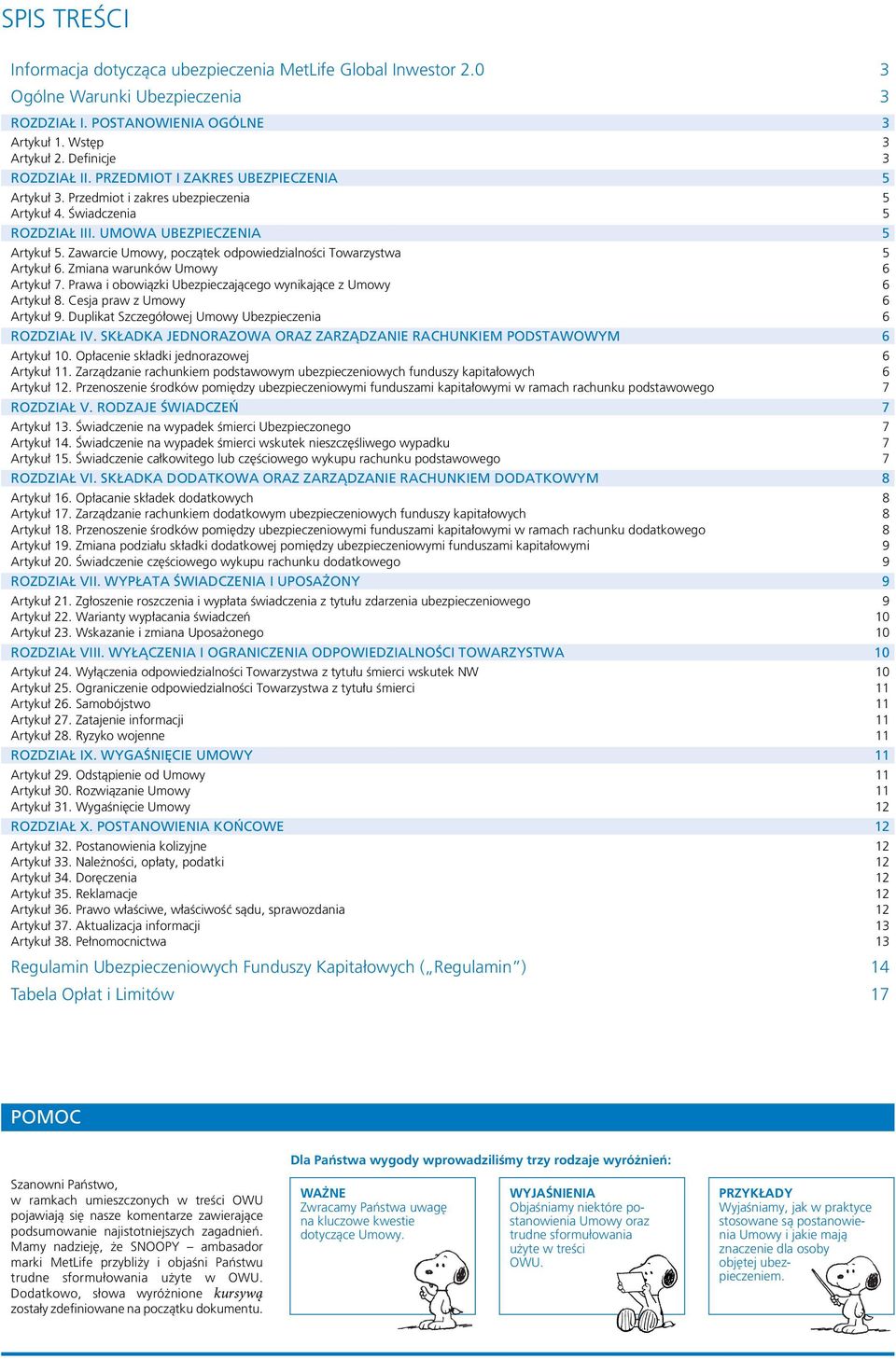 Zawarcie Umowy, początek odpowiedzialności Towarzystwa 5 Artykuł 6. Zmiana warunków Umowy 6 Artykuł 7. Prawa i obowiązki Ubezpieczającego wynikające z Umowy 6 Artykuł 8.