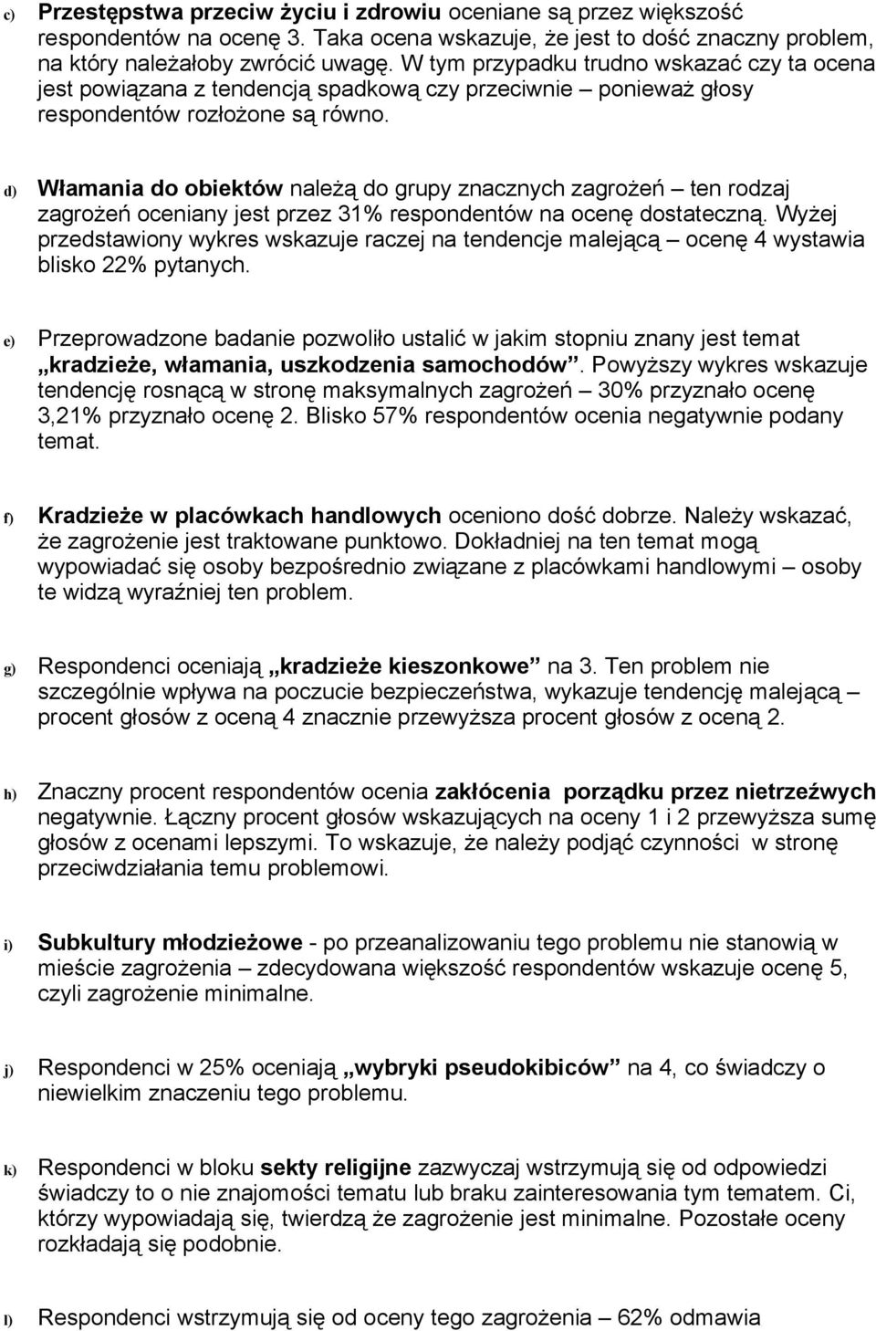 d) Włamania do obiektów należą do grupy znacznych zagrożeń ten rodzaj zagrożeń oceniany jest przez 31% respondentów na ocenę dostateczną.