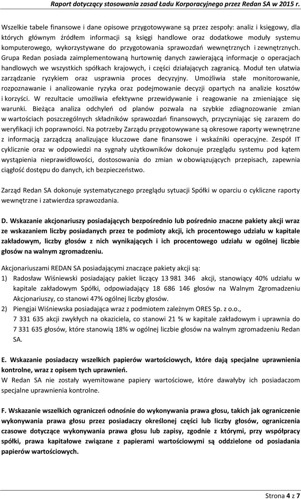 Grupa Redan posiada zaimplementowaną hurtownię danych zawierającą informacje o operacjach handlowych we wszystkich spółkach krajowych, i części działających zagranicą.