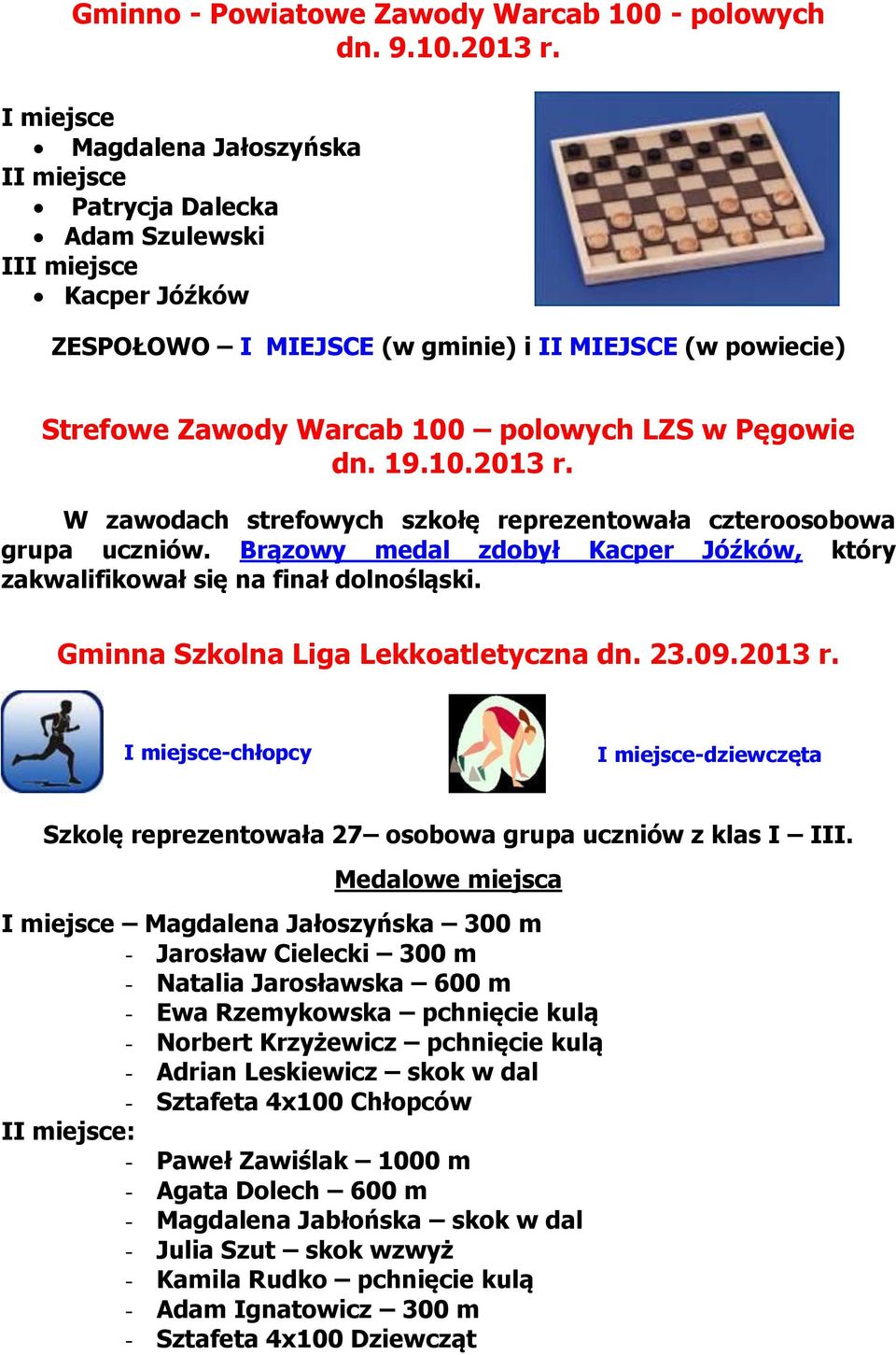 Pęgowie dn. 19.10.2013 r. W zawodach strefowych szkołę reprezentowała czteroosobowa grupa uczniów. Brązowy medal zdobył Kacper Jóźków, który zakwalifikował się na finał dolnośląski.