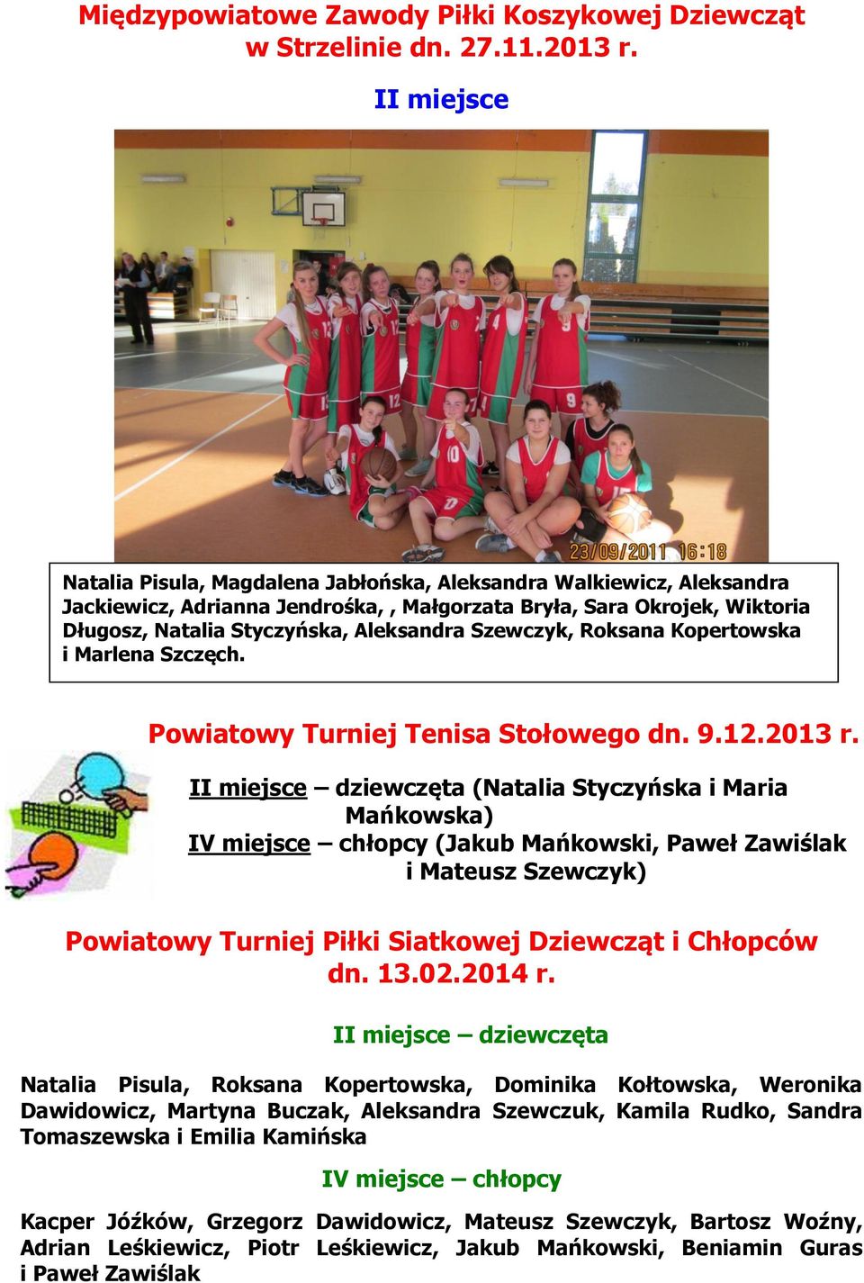 Szewczyk, Roksana Kopertowska i Marlena Szczęch. Powiatowy Turniej Tenisa Stołowego dn. 9.12.2013 r.