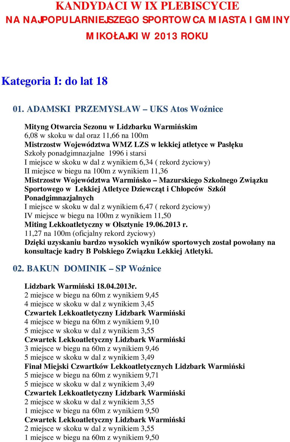 ponadgimnazjalne 1996 i starsi I miejsce w skoku w dal z wynikiem 6,34 ( rekord życiowy) II miejsce w biegu na 100m z wynikiem 11,36 Mistrzostw Województwa Warmińsko Mazurskiego Szkolnego Związku