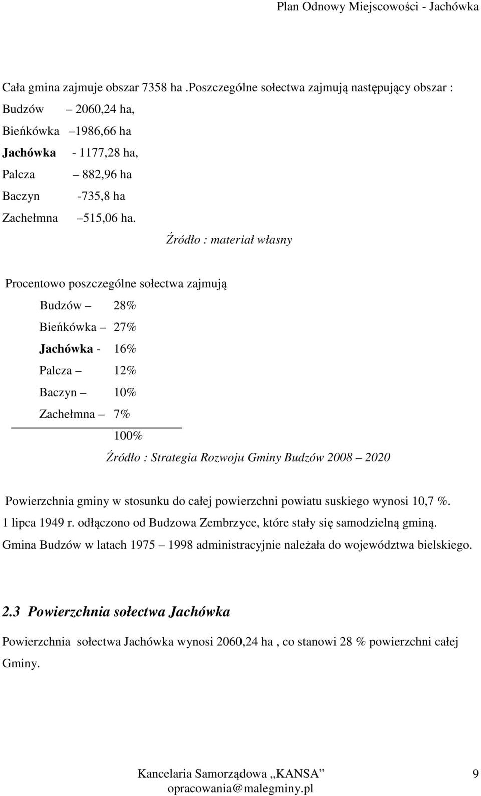 Źródło : materiał własny Procentowo poszczególne sołectwa zajmują Budzów 28% Bieńkówka 27% Jachówka - 16% Palcza 12% Baczyn 10% Zachełmna 7% 100% Źródło : Strategia Rozwoju Gminy Budzów 2008