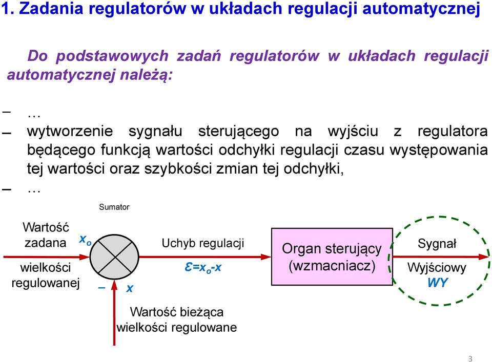 regulacji czasu występowania tej wartości oraz szybkości zmian tej odchyłki, Wartość zadana wielkości regulowanej x