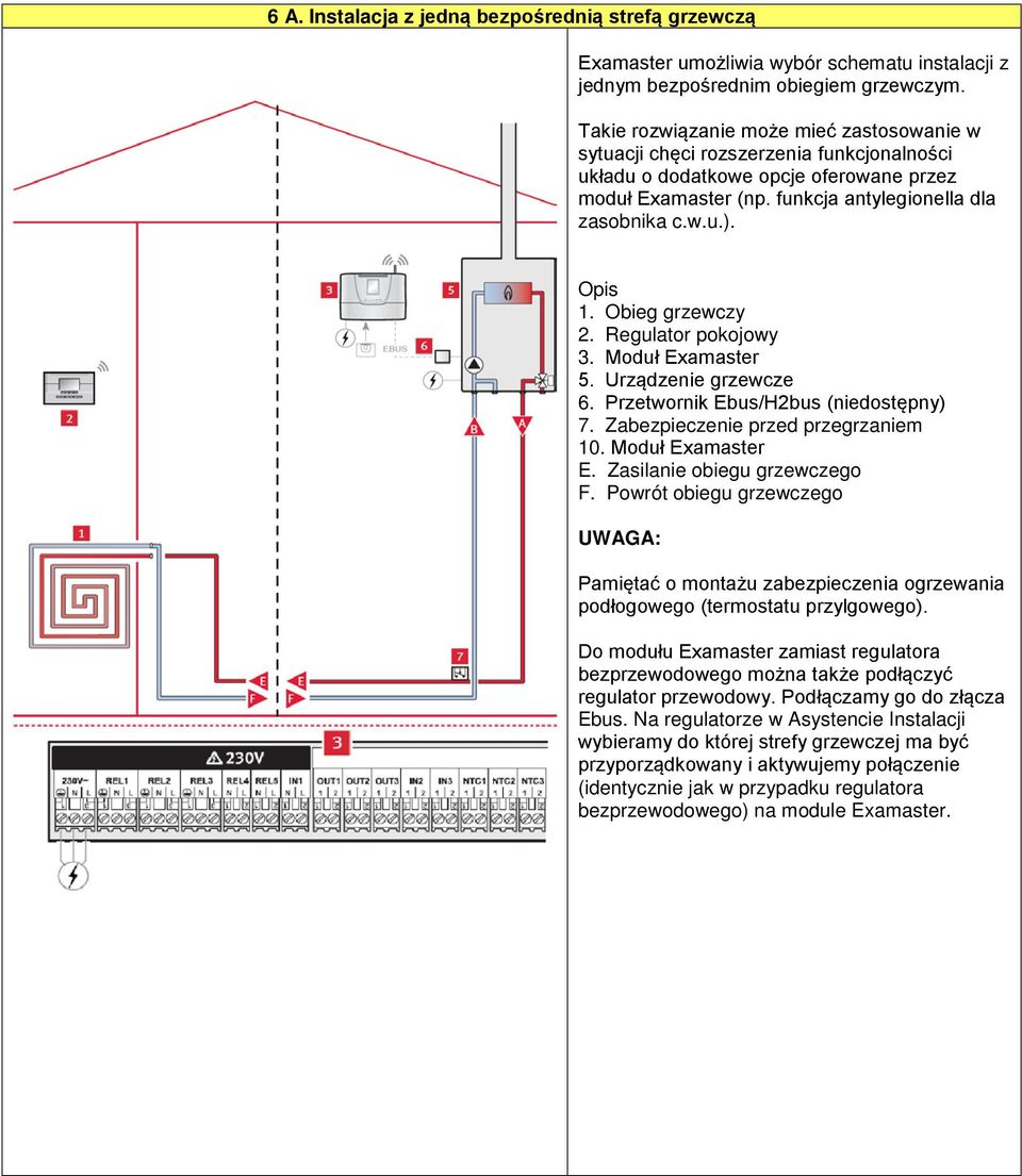 Opis 1. Obieg grzewczy 2. Regulator pokojowy 3. Moduł Examaster 5. Urządzenie grzewcze 6. Przetwornik Ebus/H2bus (niedostępny) 7. Zabezpieczenie przed przegrzaniem 10. Moduł Examaster E.