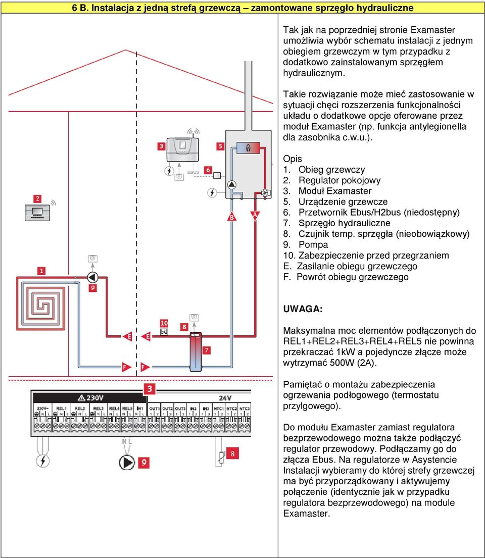 funkcja antylegionella dla zasobnika c.w.u.). Opis 1. Obieg grzewczy 2. Regulator pokojowy 3. Moduł Examaster 5. Urządzenie grzewcze 6. Przetwornik Ebus/H2bus (niedostępny) 7. Sprzęgło hydrauliczne 8.