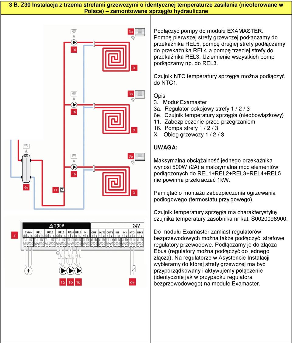 Uziemienie wszystkich pomp podłączamy np. do REL3. Czujnik NTC temperatury sprzęgła można podłączyć do NTC1. Opis 3. Moduł Examaster 3a. Regulator pokojowy strefy 1 / 2 / 3 6e.