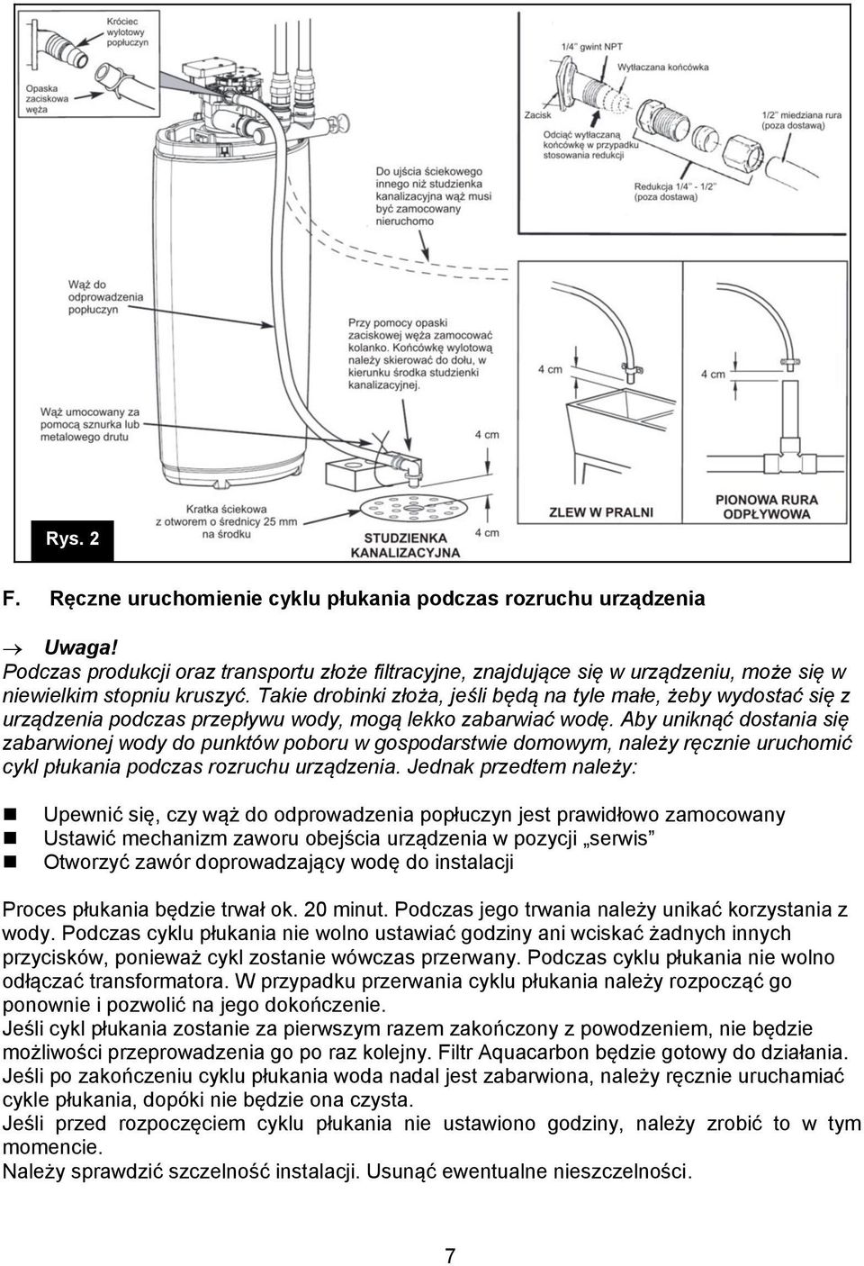 Aby uniknąć dostania się zabarwionej wody do punktów poboru w gospodarstwie domowym, należy ręcznie uruchomić cykl płukania podczas rozruchu urządzenia.