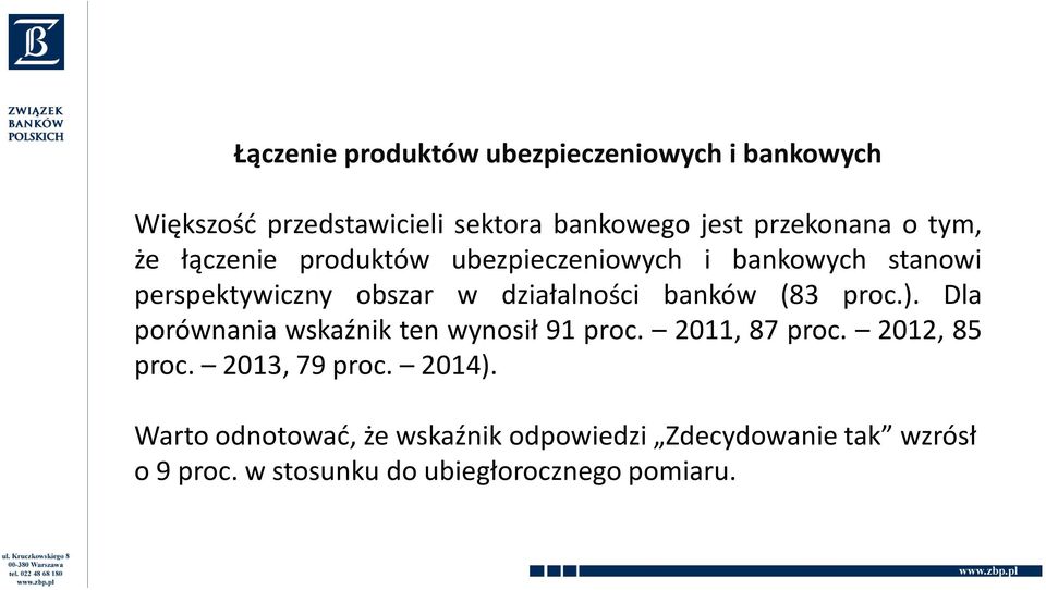 banków (83 proc.). Dla porównania wskaźnik ten wynosił 91 proc. 2011, 87 proc. 2012, 85 proc. 2013,79proc.