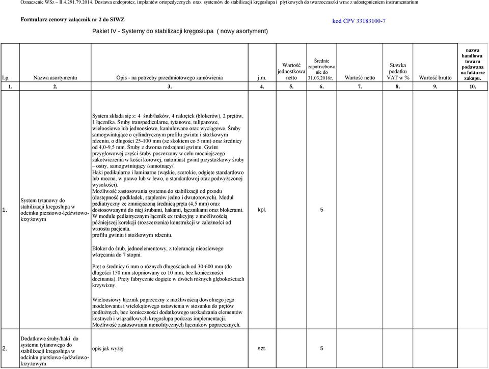 CPV 33183100-7 Pakiet IV - Systemy do stabilizacji kręgosłupa ( nowy asortyment) Średnie Wartość zapotrzebowa Stawka jednostkowa nie do podatku Lp.