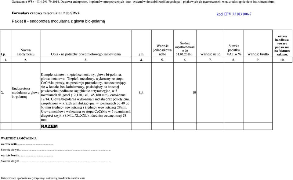 CPV 33183100-7 Pakiet II - endoprotea modularna z głowa bio-polarną Średnie Wartość zapotrzebowani Stawka Nazwa jednostkowa e do podatku Lp. asortymentu Opis - na potrzeby przedmiotowego zamówienia j.