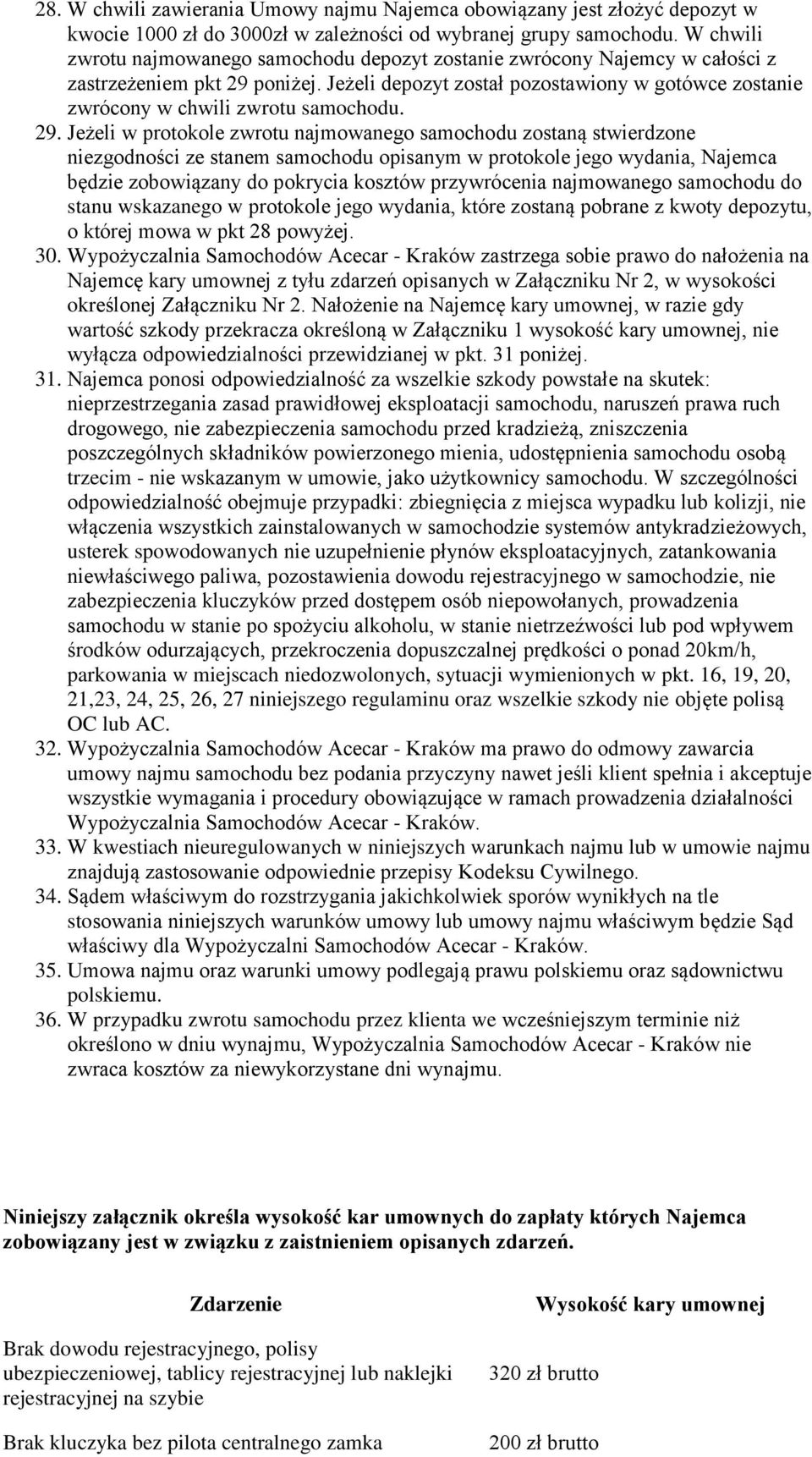 Jeżeli depozyt został pozostawiony w gotówce zostanie zwrócony w chwili zwrotu samochodu. 29.