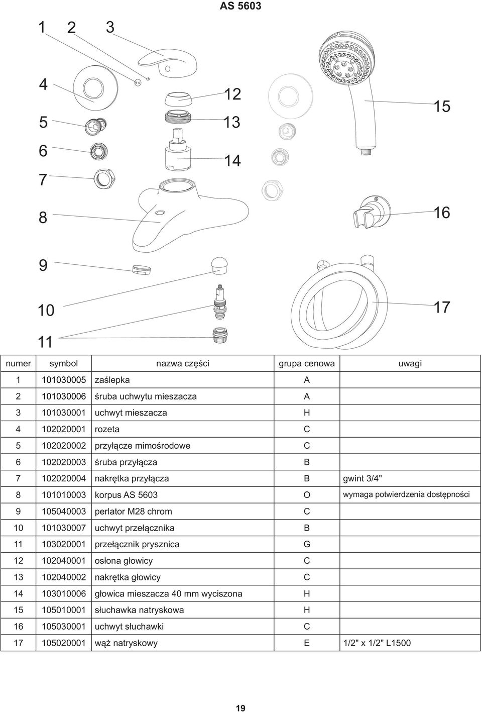 perlator M chrom C 000 uchwyt przełącznika B 00001 przełącznik prysznica G 00001 osłona głowicy C 1 0000 nakrętka głowicy C 1