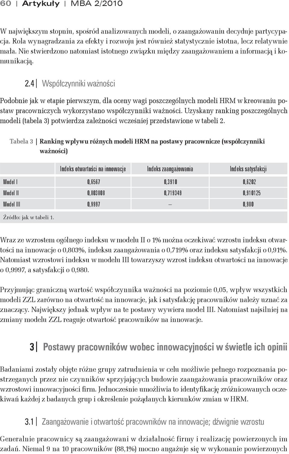 4 Wspó$czynniki wa"no%ci Podobnie jak w etapie pierwszym, dla oceny wagi poszczególnych modeli HRM w kreowaniu postaw pracowniczych wykorzystano wspó#czynniki wa&no"ci.